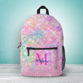 かわいいユニコーンピンクフェイクグリッターライン石モノグラム プリントバックパック