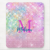 かわいいユニコーンピンクフェイクグリッターライン石モノグラム マウスパッド (正面)