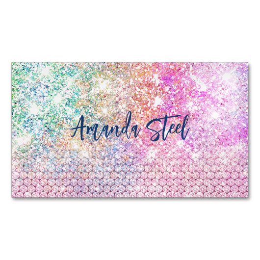 かわいいユニコーンピンクフェイクグリッターライン石モノグラム マグネット名刺 (正面)