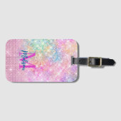 かわいいユニコーンピンクフェイクグリッターライン石モノグラム ラゲッジタグ (正面横)