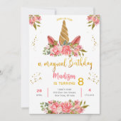 かわいいユニコーンピンク金ゴールド水彩誕生日パーティー 招待状 (正面)