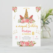 かわいいユニコーンピンク金ゴールド水彩誕生日パーティー 招待状 (スタンド正面)