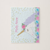 かわいいユニコーンピンク&パープルフローラ金ゴールドドット名 ジグソーパズル (縦)