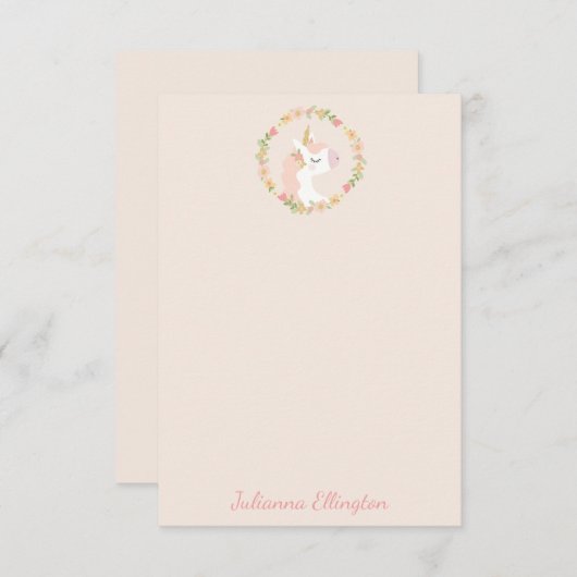 かわいいユニコーンフラワーガーランド・ソフトピンク・オーダーネーム サンキューカード (正面/裏面)