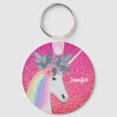 かわいいユニコーンフラワーピンクグリッタースパークルカスタム キーホルダー (正面)