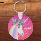 かわいいユニコーンフラワーピンクグリッタースパークルカスタム キーホルダー (正面)