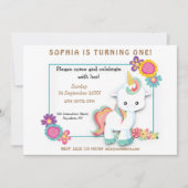 かわいいユニコーンフローラガールファースト誕生日招待状 招待状 (正面)