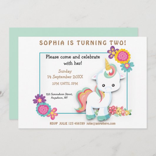 かわいいユニコーンフローラガール2nd誕生日招待状 招待状 (正面/裏面)