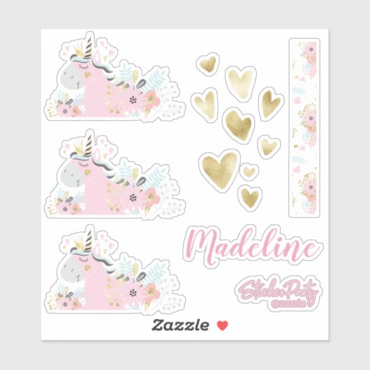 かわいいユニコーンフローラハートパーソナライズされたステッカーセット シール (シート)