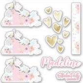 かわいいユニコーンフローラハートパーソナライズされたステッカーセット シール (正面)