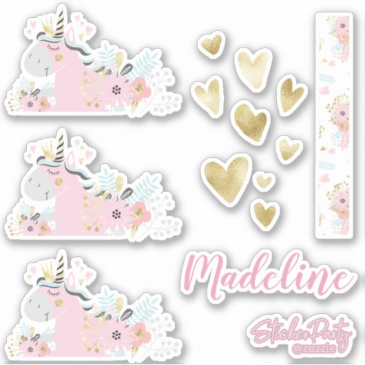 かわいいユニコーンフローラハートパーソナライズされたステッカーセット シール (正面)