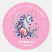かわいいユニコーンフローラピンクパープルガール誕生日 ラウンドシール (正面)