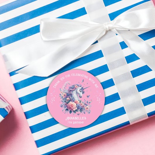 かわいいユニコーンフローラピンクパープルガール誕生日 ラウンドシール