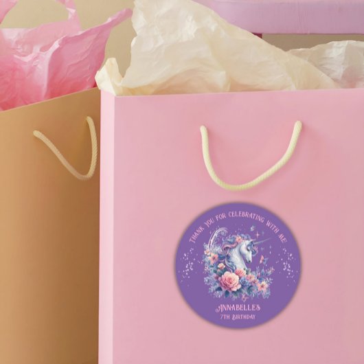 かわいいユニコーンフローラピンクパープルガール誕生日 ラウンドシール