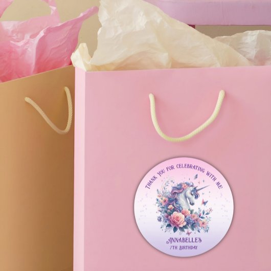 かわいいユニコーンフローラピンクパープルガール誕生日 ラウンドシール