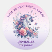かわいいユニコーンフローラピンクパープルガール誕生日 ラウンドシール (正面)