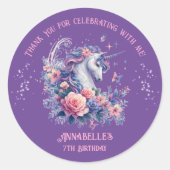 かわいいユニコーンフローラピンクパープルガール誕生日 ラウンドシール (正面)