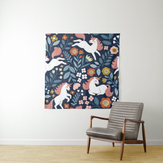 かわいいユニコーンフローラヴィンテージパターン タペストリー (インサイチュ)