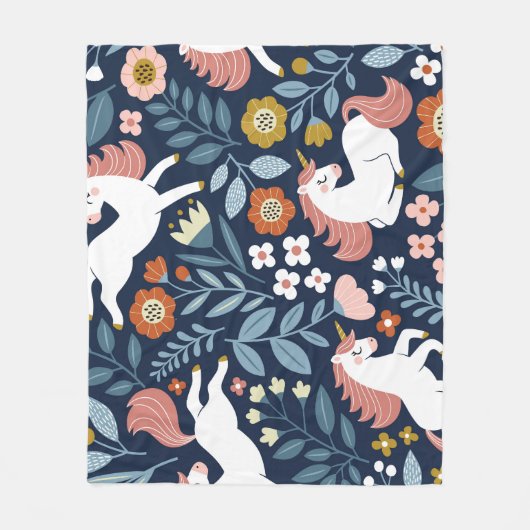 かわいいユニコーンフローラヴィンテージパターン フリースブランケット (正面)