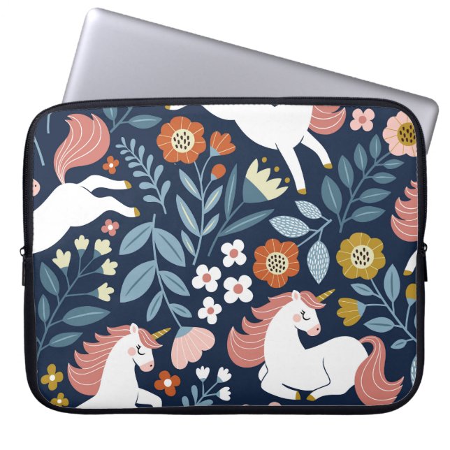 かわいいユニコーンフローラヴィンテージパターン ラップトップスリーブ (正面)