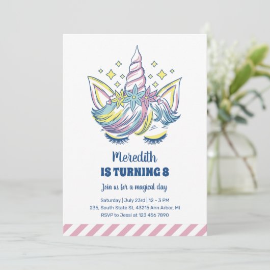 かわいいユニコーンプリンセスキッズガールズ誕生日 招待状 (スタンド正面)