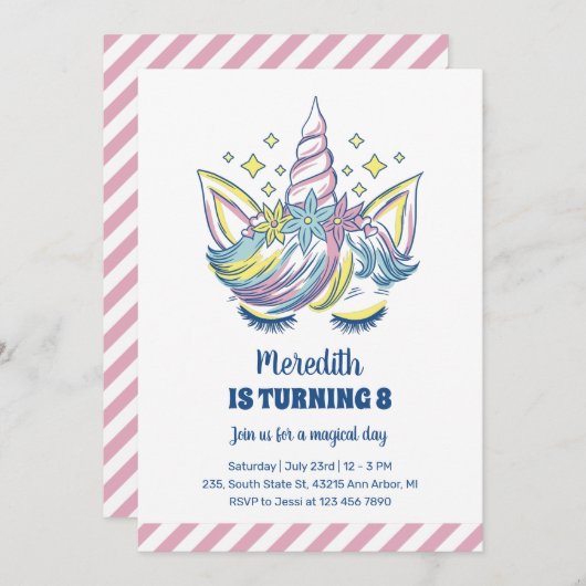 かわいいユニコーンプリンセスキッズガールズ誕生日 招待状 (正面/裏面)