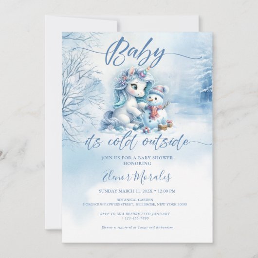 かわいいユニコーンベビーその冷たい屋外ベビーシャワー 招待状 (正面)