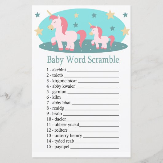 かわいいユニコーンベビーの単語スクランブルゲーム (正面)
