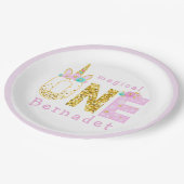 かわいいユニコーンホーン1st誕生日金ゴールドグリッター ペーパープレート (アングル)