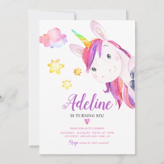 かわいいユニコーンマジカルレインボーウォーター誕生日 招待状 (正面)