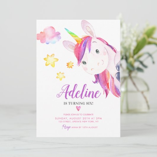 かわいいユニコーンマジカルレインボーウォーター誕生日 招待状 (スタンド正面)