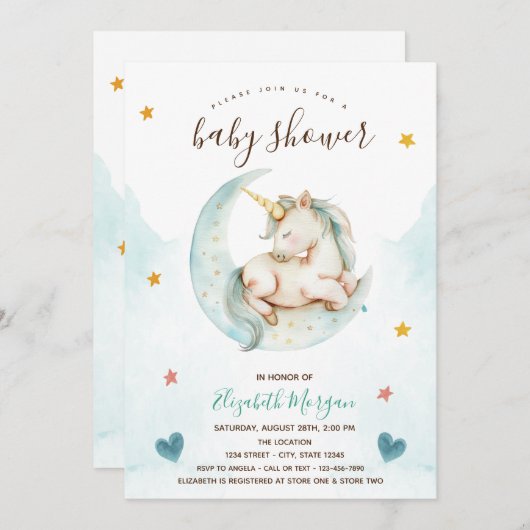 かわいいユニコーンムーンスターズハート赤ちゃんシャワー 招待状 (正面/裏面)