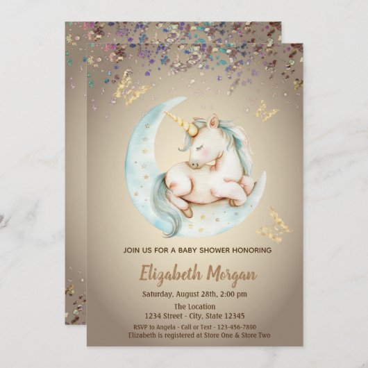 かわいいユニコーンムーンバタフライ紙吹雪赤ちゃんシャワー 招待状 (正面/裏面)