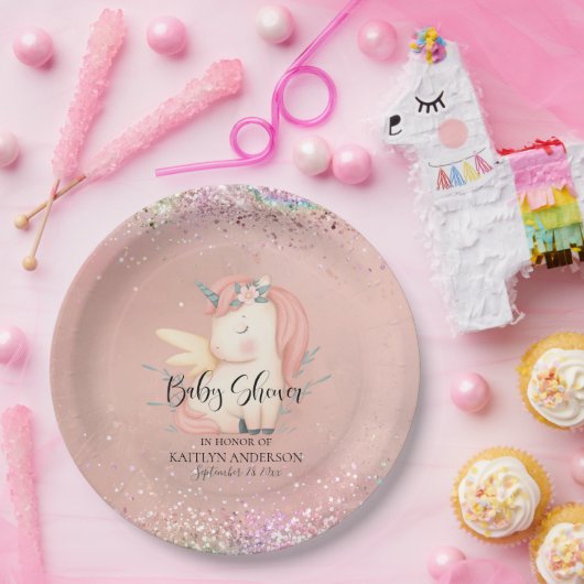 かわいいユニコーンレインボーグリッターガールベビーシャワー ペーパープレート (パーティー)