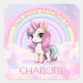 かわいいユニコーンレインボースクール蔵書票名 スクエアシール (正面)