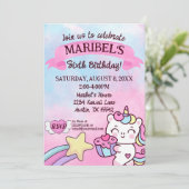 かわいいユニコーンレインボーピンクブルー誕生日 招待状 (スタンド正面)