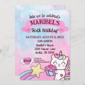 かわいいユニコーンレインボーピンクブルー誕生日 招待状 (正面/裏面)