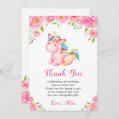 かわいいユニコーンレインボーフローラガールバースデーパーティー サンキューカード (正面/裏面)
