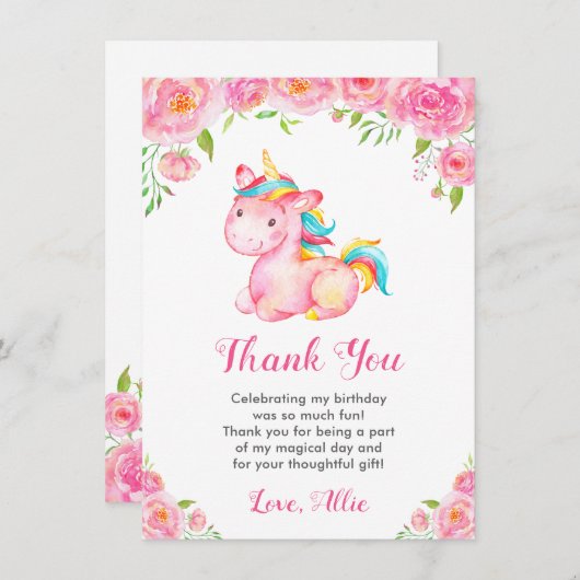 かわいいユニコーンレインボーフローラガールバースデーパーティー サンキューカード (正面/裏面)
