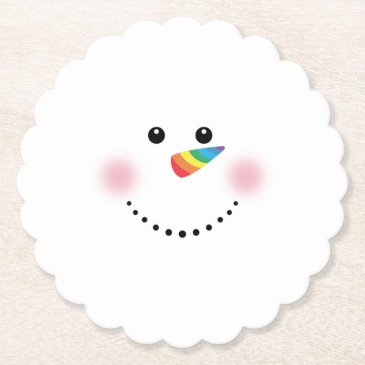 かわいいユニコーンレインボーホルンノーズ雪だるま ペーパーコースター (正面)