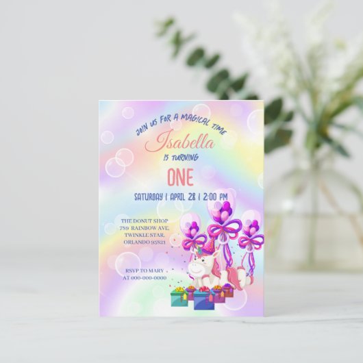 かわいいユニコーンレインボー誕生日パーティーの子供たち ポストカード (スタンド正面)