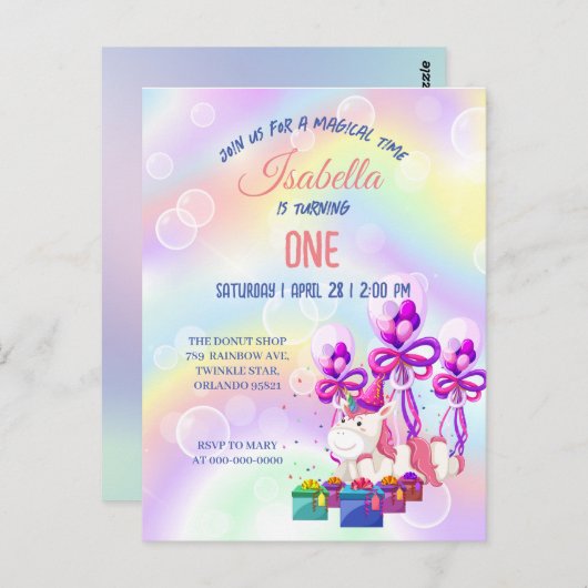 かわいいユニコーンレインボー誕生日パーティーの子供たち ポストカード (正面/裏面)