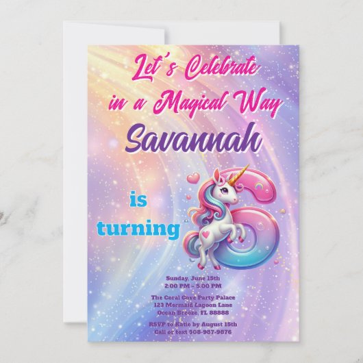 かわいいユニコーンレインボー6th誕生日パーティーの招待状 招待状 (正面)