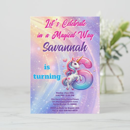 かわいいユニコーンレインボー6th誕生日パーティーの招待状 招待状 (スタンド正面)