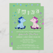 かわいいユニコーン双子男の赤ちゃんベビーガールベイビーシャワー 招待状 (正面/裏面)