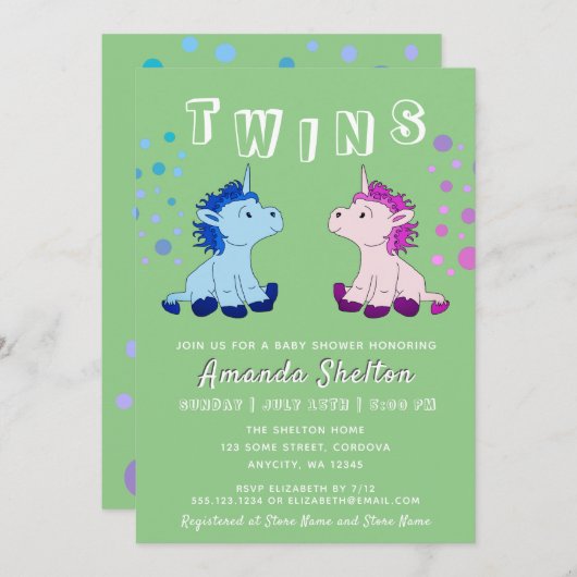 かわいいユニコーン双子男の赤ちゃんベビーガールベイビーシャワー 招待状 (正面/裏面)