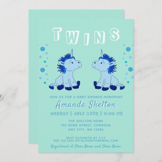 かわいいユニコーン双子2男の赤ちゃん赤ちゃんシャワー 招待状 (正面/裏面)