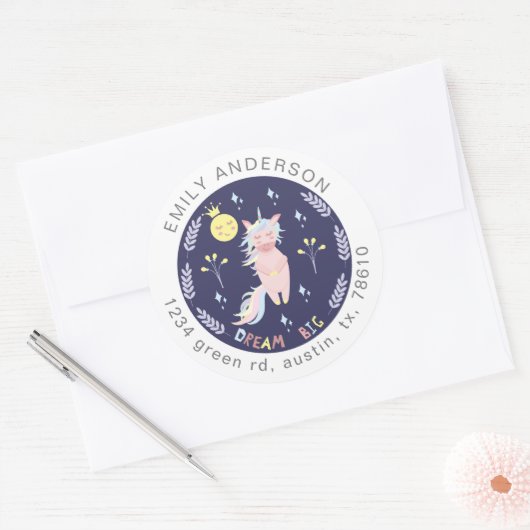 かわいいユニコーン夢の大きなネイビーブルー差出人住所 ラウンドシール (封筒)