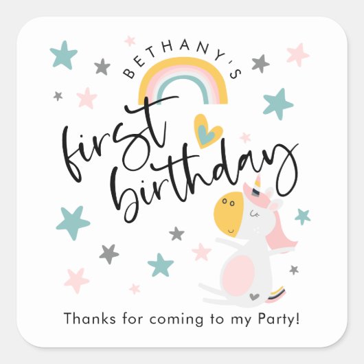 かわいいユニコーン女の子1歳の誕生日ありがとう スクエアシール (正面)