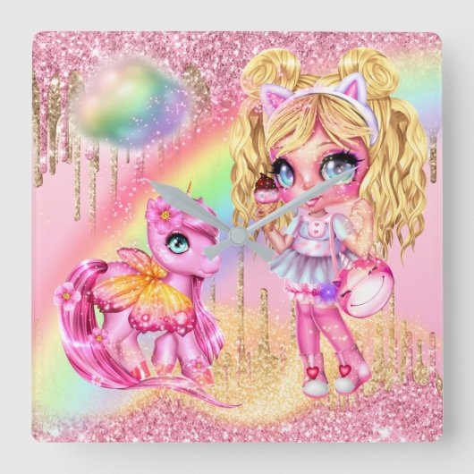 かわいいユニコーン妖精の女の子レインボーグリッターファンタジー スクエア壁時計 (正面)